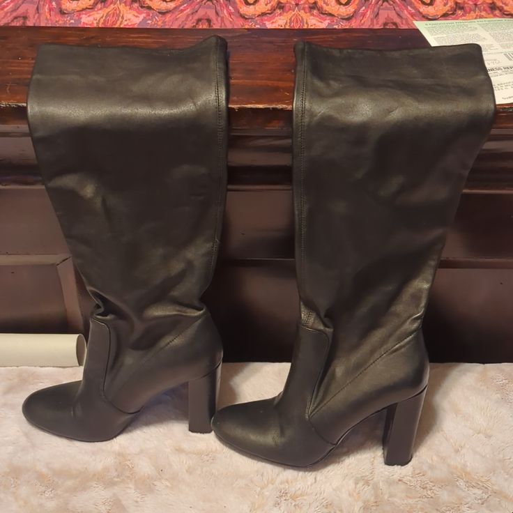 Sexy High Soft Leather Boots. Haven't Worn Them Much. I Wish I Did So Time To Pass On. These Go With Everything. Best Wear With Dresses, Jeans, Skirts. Perfect For Holiday Parties. Tall Round Toe Heeled Boots For Evening, Tall Heeled Boots With Round Toe For Evening, Tall Evening Heeled Boots With Round Toe, Heeled Boots With 4-inch Heel For Party, Wide Calf Heels For Evening, Formal Black Tall Platform Boots, Fitted Heeled Boots With Wrapped Heel And Round Toe, Sculpted Heel Heeled Boots For Night Out, Chic Wide Calf Synthetic Heels