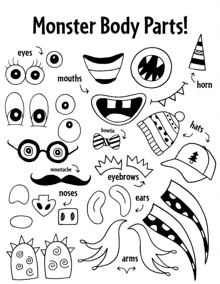 the monster body parts coloring page is shown in black and white, with an image of eyes