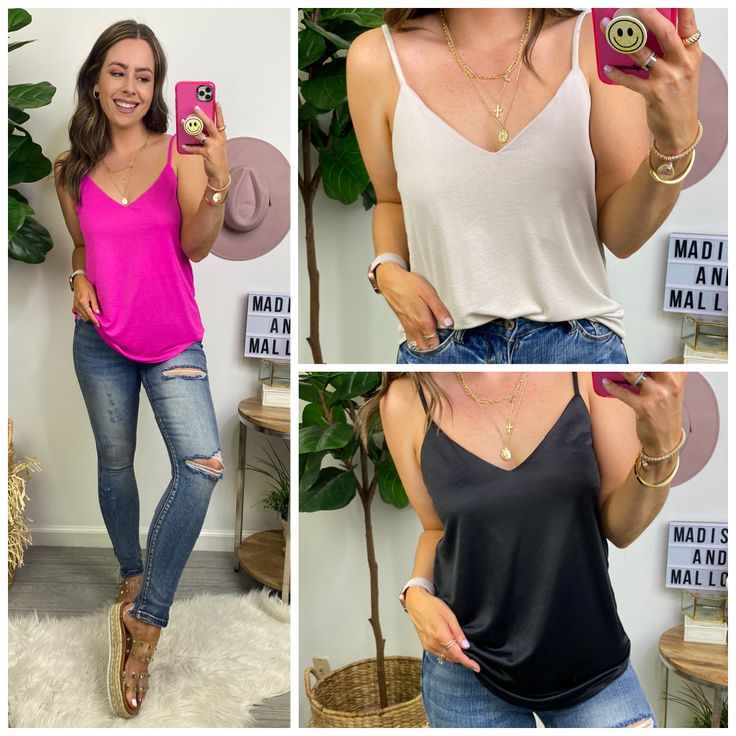 Details: V-neck flowy tank top - Sleeveless - V-neck - Adjustable straps - Relaxed fit Content: -100% PolyesterSize + Fit: Model is 5'4" and is wearing a size Small - Measurements from a size Small - Full length: 26" - Chest: 36" - Waist: 39" V Neck Tank Top, Flowy Tank Tops, Flowy Tank, Camisole Top, Open Shoulder Tops, Full Length, Adjustable Straps, Relaxed Fit, Tank Top