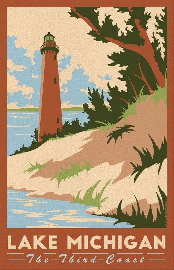 the lake michigan poster is shown in red, white and blue with an image of a lighthouse