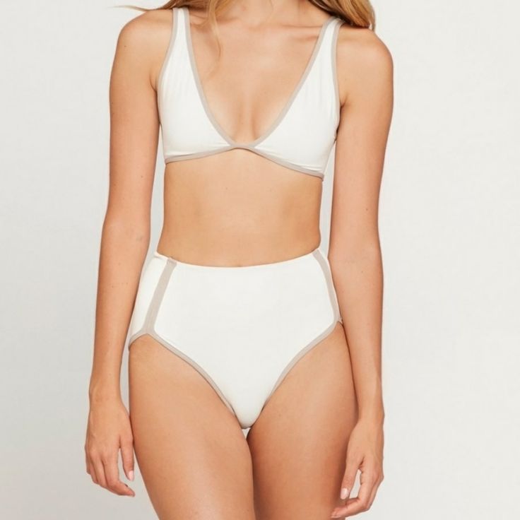 L*Space Bikini Bottom, White/Cream With Gray Lining, High Waisted, Xs, Never Worn But Has A Tiny Make Up Stain On Back (Shown In Pic), Too Small For Me So Never Worn Chic Beige Swimwear For Poolside, Beige Lined Swimwear For Beach Season, Beige Lined Swimwear For Summer, Beige Lined Swimwear, White Seamless Swimwear For Summer, White Seamless Summer Swimwear, Seamless White Summer Swimwear, Beige Lined Swimwear For Spring, White Fitted Beachy Swimwear