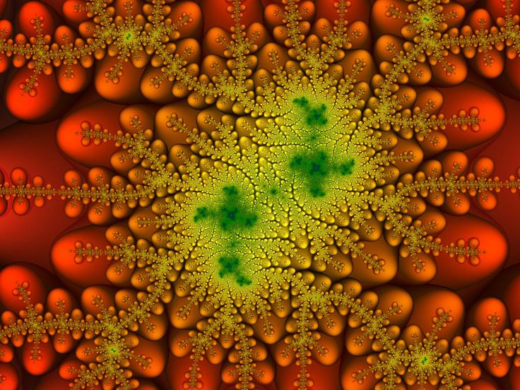 an orange and green flower with lots of bubbles in the center, surrounded by smaller red balls