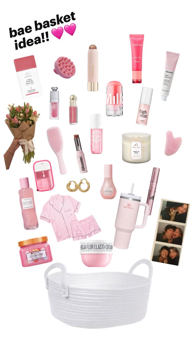 basket picture flowers stanley cup perfume pajamas glow recipe earrings candles hand sanitizer blush lip gloss bronzer mascara gua sha body scrub sugar scrub Unique Diy Gift Ideas, Pink Gift Basket, Best Friend Valentines, Girly Christmas Gifts, Valentines Day Baskets, Valentine Gift Baskets, Best Gift Baskets, Valentine Baskets, Birthday Presents For Friends