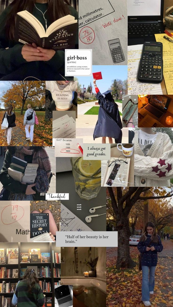 a collage of photos with books and people in the background, including a woman holding an open book