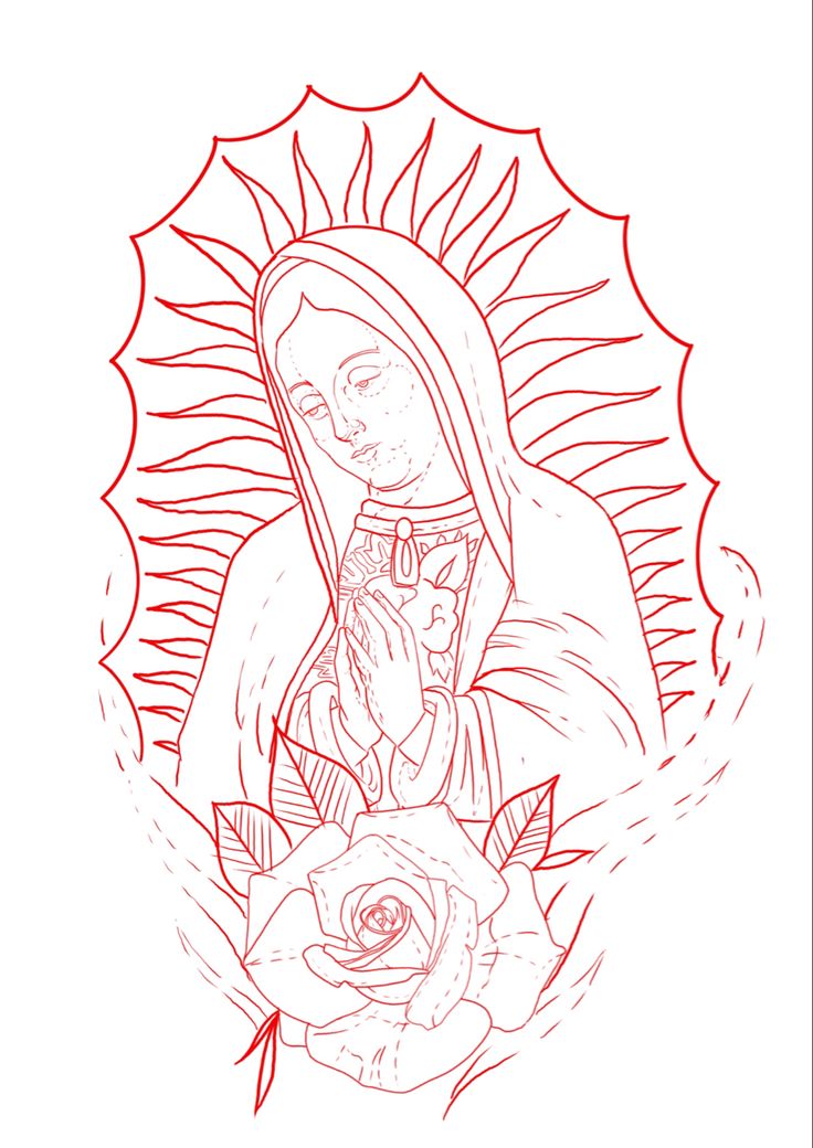 the virgin mary and baby jesus with roses in front of it, drawn by hand