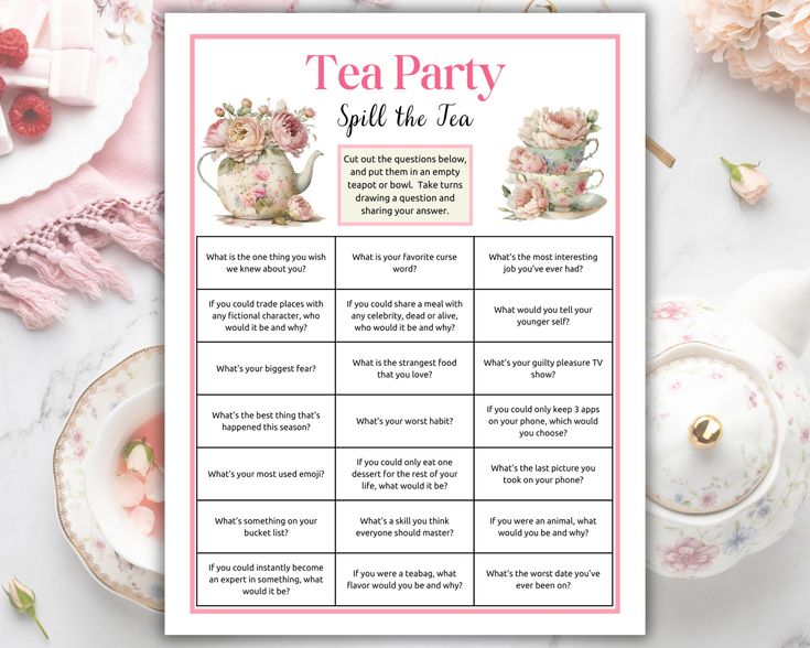 a tea party game with pink flowers on it