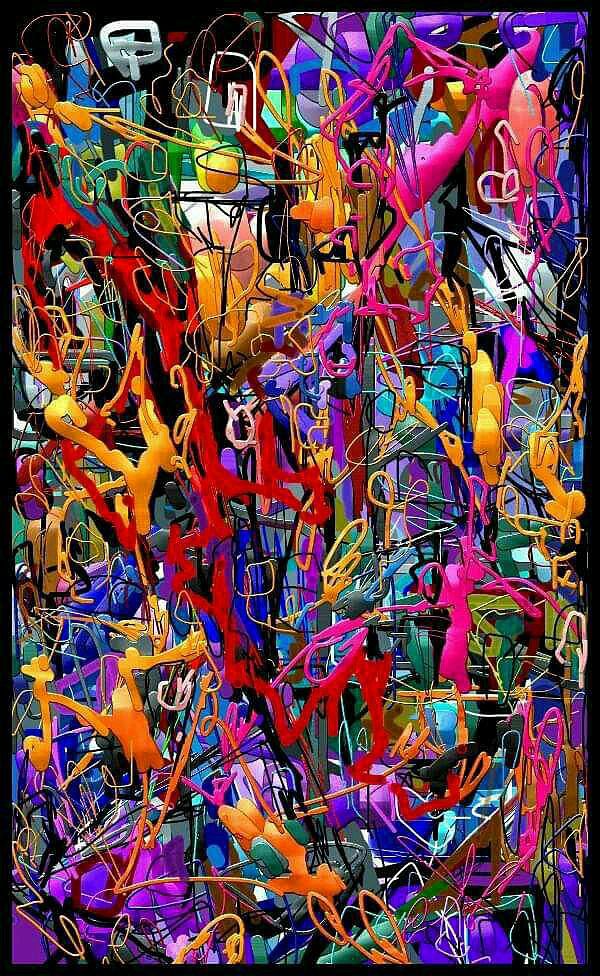 an abstract painting with many different colors and shapes