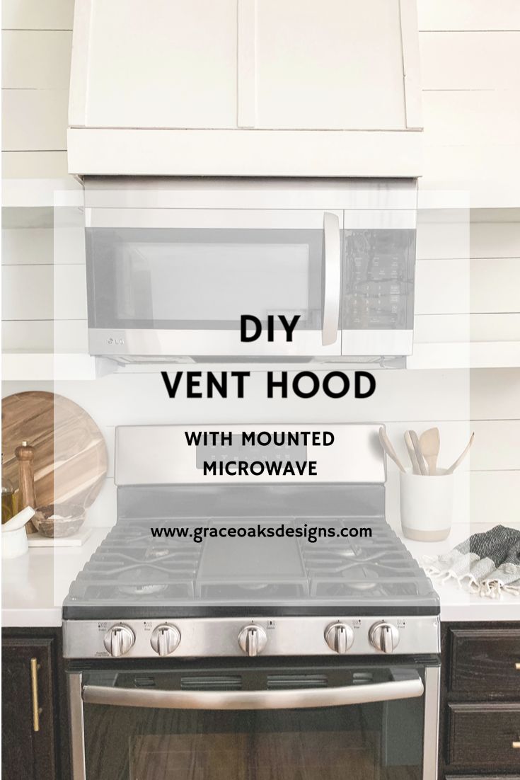 a stove top oven sitting in a kitchen next to a microwave and countertop with the words diy vent hood with mounted microwave above it