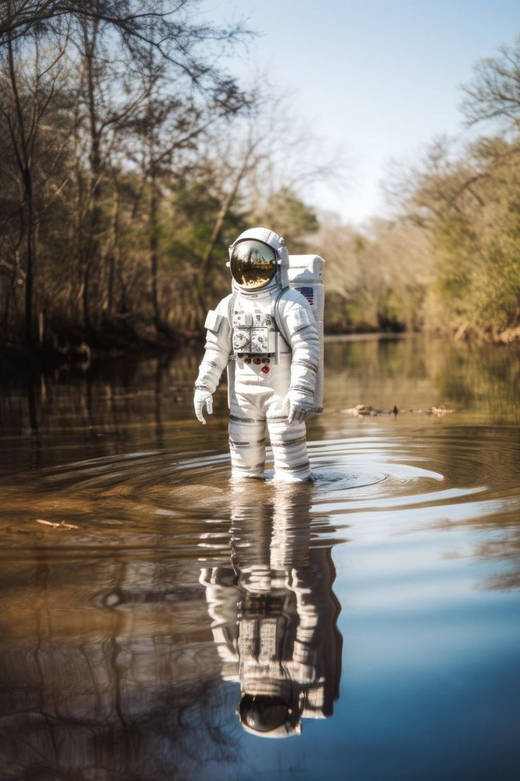 an astronaut floating on top of a body of water in the middle of a forest