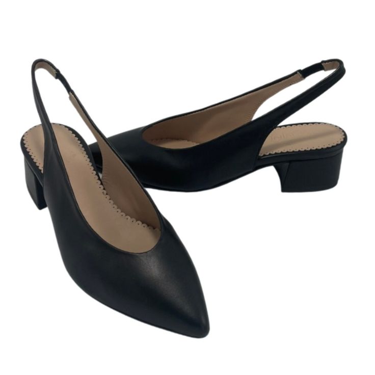 Step Into Modern Sophistication With These Women's Black Leather Slingback Shoes, Combining Style And Comfort In One Chic Design. The Sleek Pointed Toe Exudes Timeless Elegance, While The Black Leather Construction Offers A Luxurious And Polished Look. Elevating Your Stride, The Block Heel Provides Both Stability And A Contemporary Edge, Making These Shoes Versatile For Various Occasions. The Slingback Design Adds A Touch Of Femininity, Securing Your Foot With A Subtle Yet Stylish Strap Around T Formal Slingback Court Shoes With 4-inch Heel, Chic Black Slingback Block Heels, Chic Block Heel Kitten Heels With Leather Sole, Chic Kitten Heels With Block Heel And Leather Sole, Chic Kitten Heels With Leather Sole, Black Low Heel Slingback Sandals With Sculpted Heel, Black Low Heel Slingback Sandals For Evening, Black Pointed Toe Slingback Sandals For Evening, Evening Slingback Pumps With Block Heel And Leather Sole