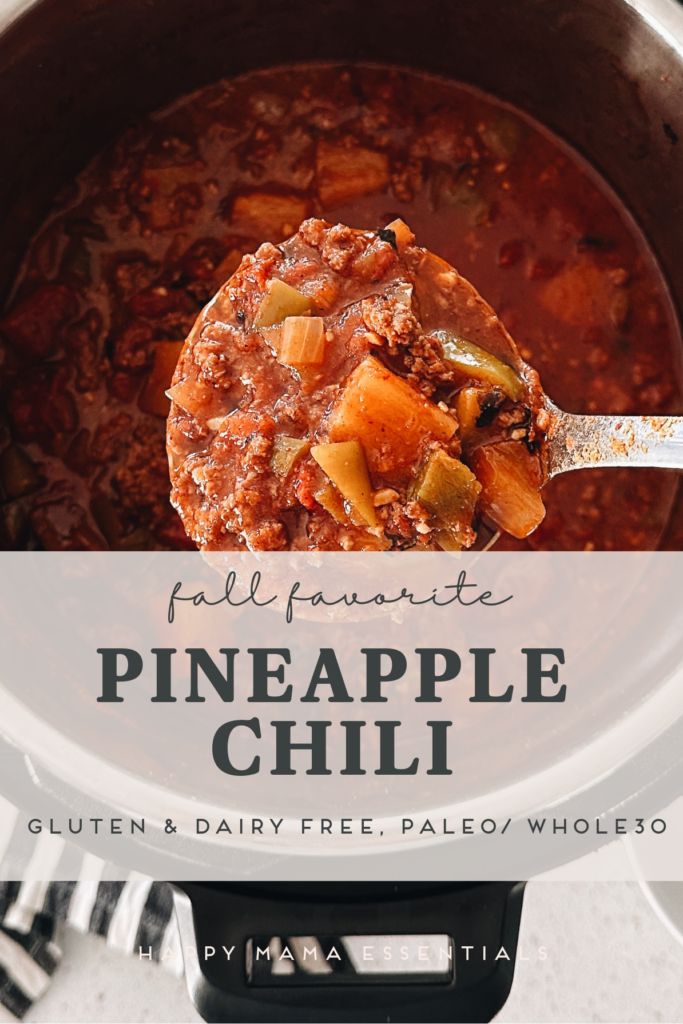 a spoon full of pineapple chili in a pot with the title text overlay