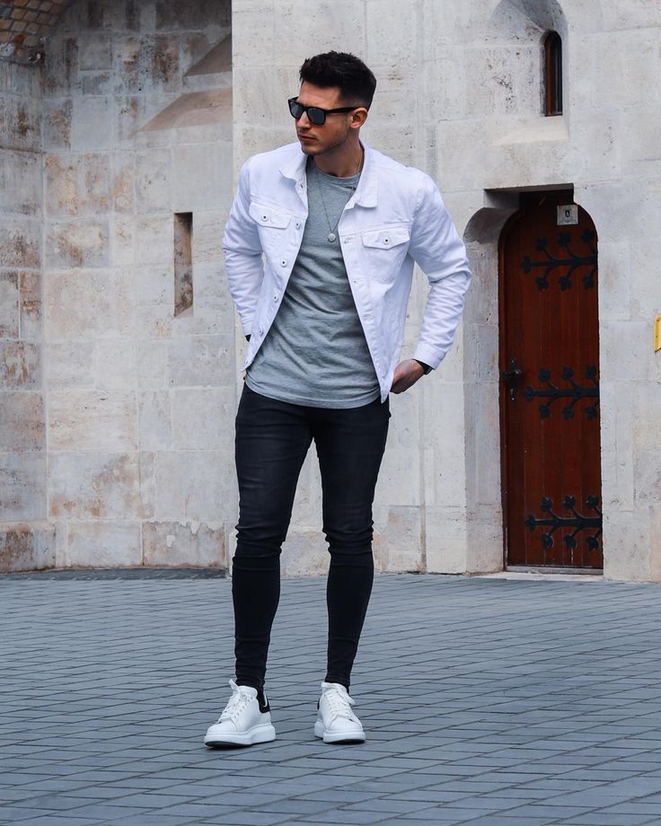 white denim jacket White Denim Jacket Outfit Mens, Demin Jacket Outfits Men, White Denim Jacket Mens, Denim Jacket Outfit Mens, White Denim Jacket Outfit, Jean Jacket Outfits Men, Denim Jacket Men Outfit, White Jacket Outfit, Beanies Fashion