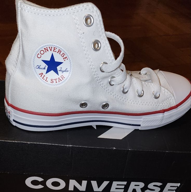 Size 2 Converse Brand New Never Worn. Sporty White Canvas Shoes With Round Toe, White Lace-up Converse Canvas Shoes, White School Sneakers With Rubber Sole, White Canvas Shoes With Round Toe For School, Casual White Canvas Shoes With White Laces, Casual White Canvas Shoes, White Canvas Shoes With Rubber Sole For School, White High-top Canvas Shoes With Rubber Sole, White Sporty Canvas Shoes