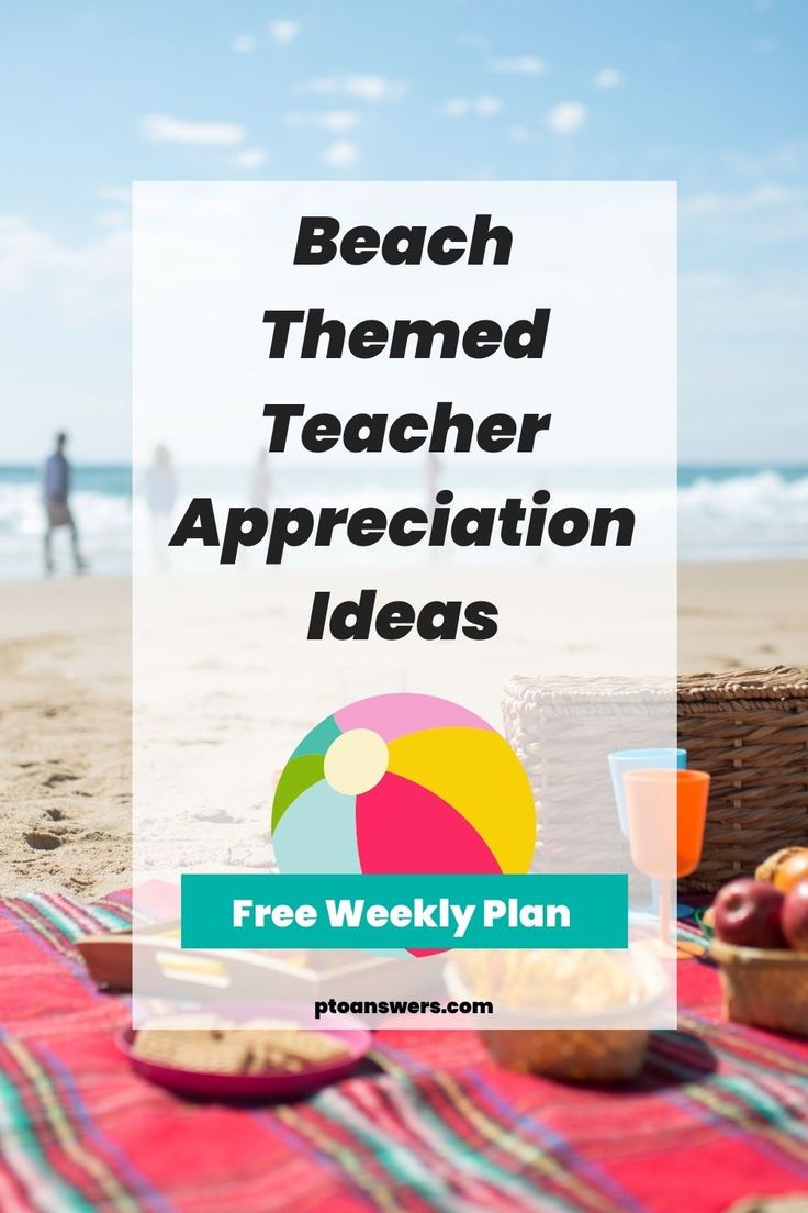 beach themed teacher appreciation ideas on a picnic blanket at the beach with people in the background