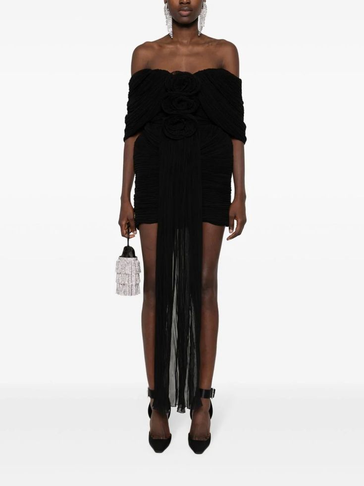 Magda Butrym off-shoulder Plissé Mini Dress - Farfetch Fur Parka, Magda Butrym, Black Short Dress, Mini Dress Black, Blouse Outfit, Mini Fashion, Black Silk, Black Shorts, Mini Black Dress