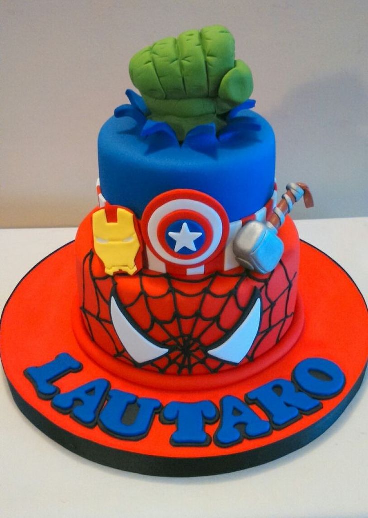 a birthday cake decorated with an image of spiderman