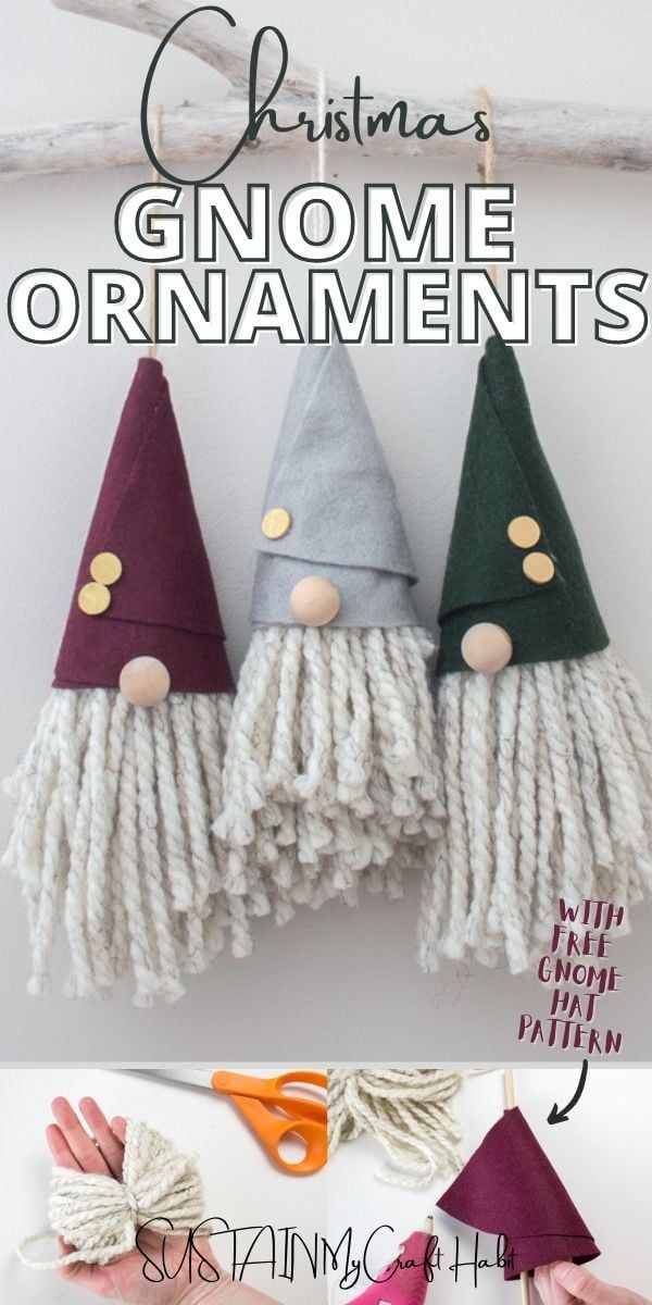 three gnomes made out of yarn are hanging on the wall with text overlay that says christmas gnome ornaments