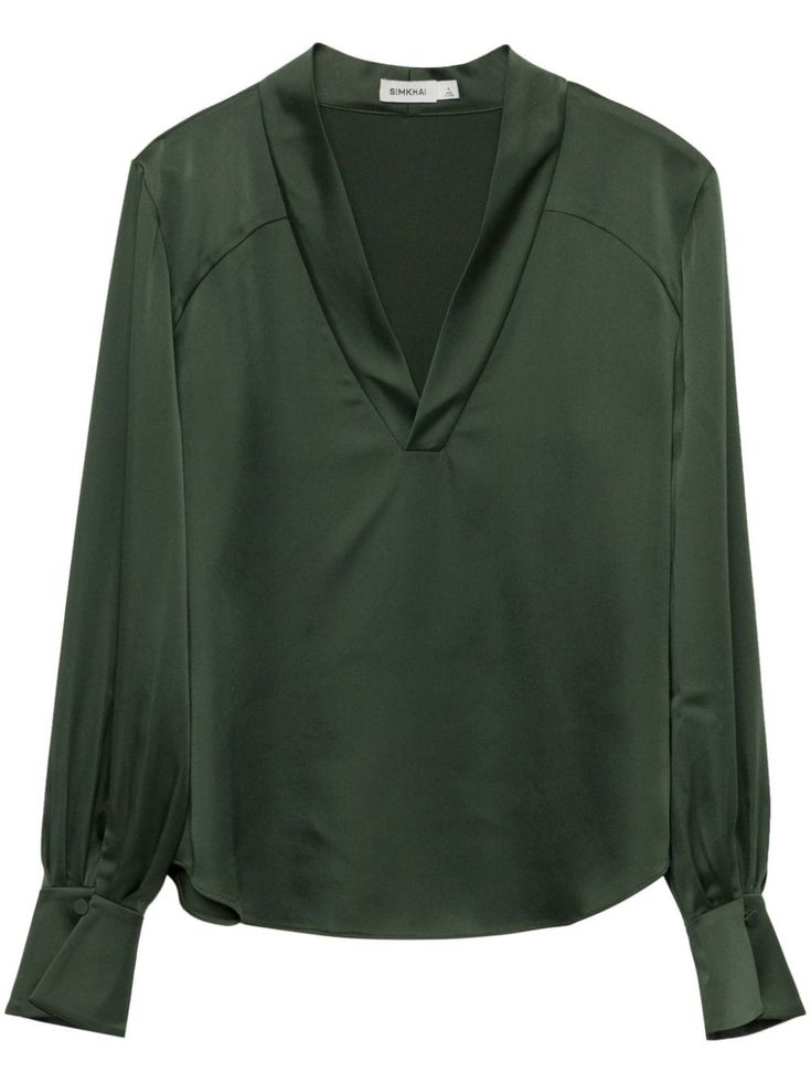 moss green satin weave plunging V-neck seam detailing draped detailing long sleeves Green Silk V-neck Top, Chic Green Silk Blouse, Green V-neck Formal Blouse, Green Satin Top For Work, Green Satin Top For Workwear, Green Satin V-neck Top, Chic Olive Blouse For Fall, Green Satin Blouse For Evening, Elegant Green Blouse For Night Out