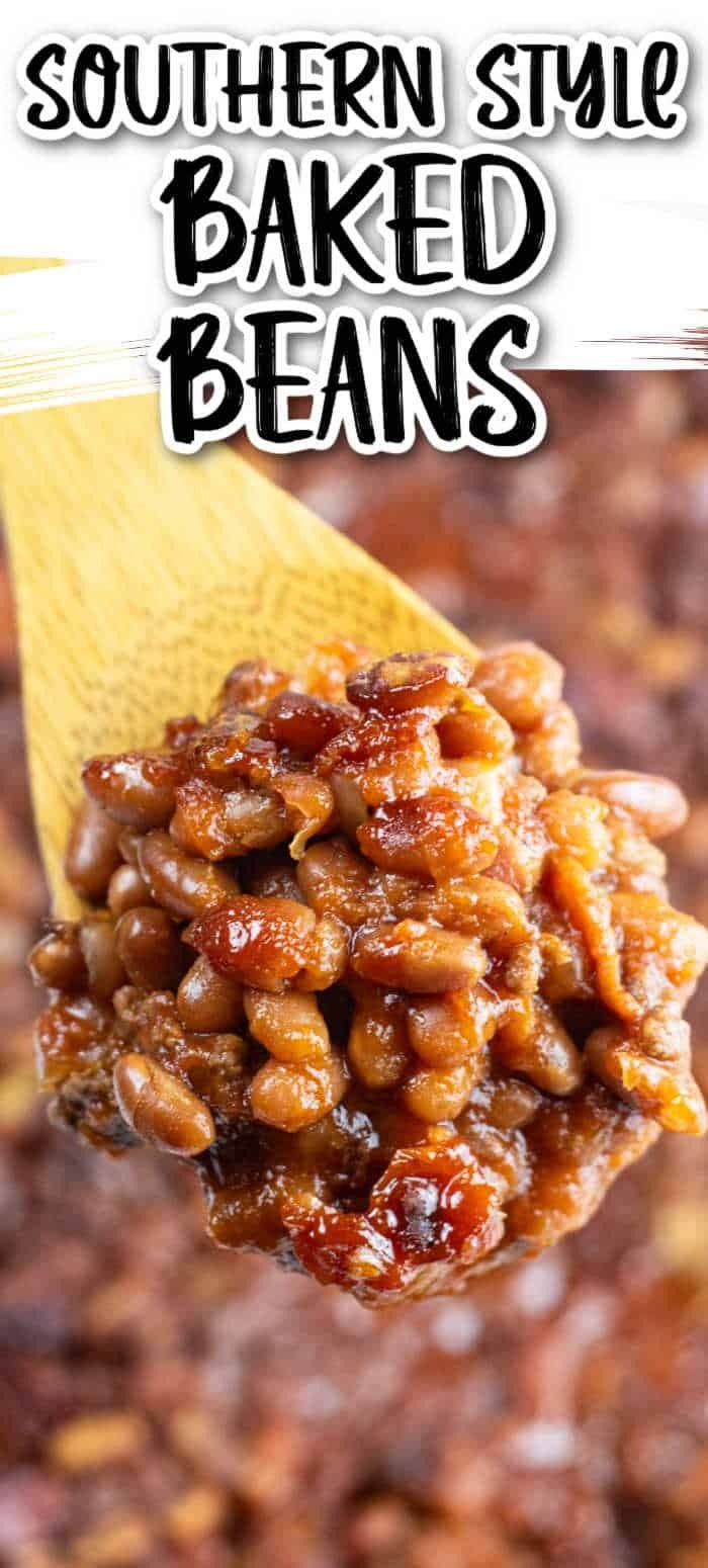 a spoon full of baked beans with the words southern style baked beans above it on top