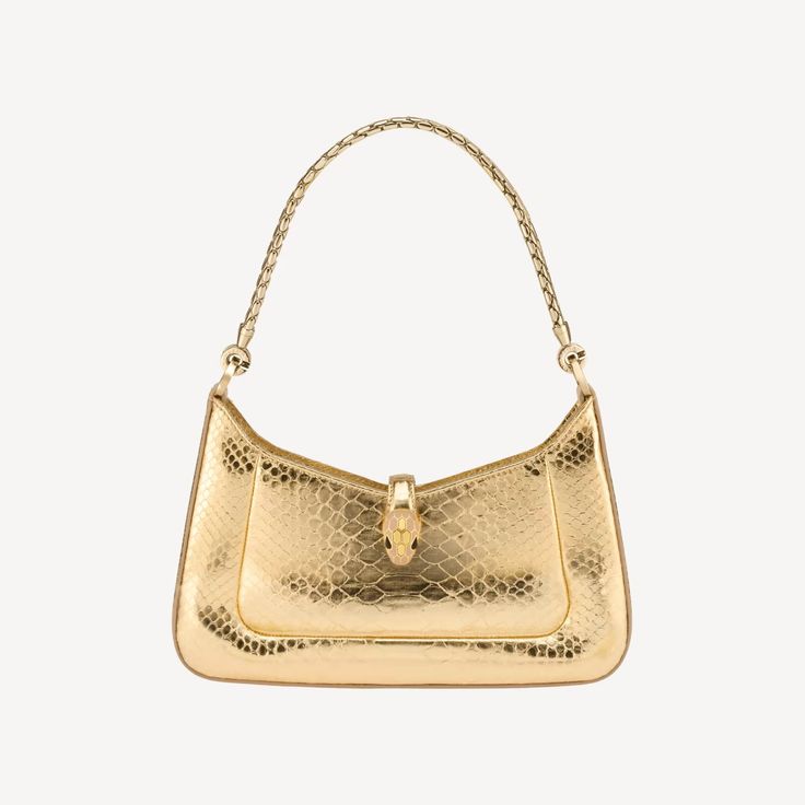 Serpenti Baia Shoulder Bag 293239 | Bulgari Brass Scales, Bulgari Bag, Onyx Eyes, Luxury Shoulder Bags, Bvlgari Serpenti, Python Skin, Gold Bag, Shoulder Bags For Women, Crystal Rose