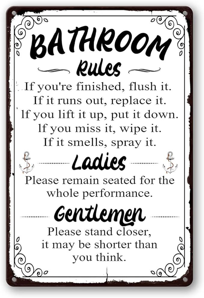 a bathroom rules sign hanging on the wall