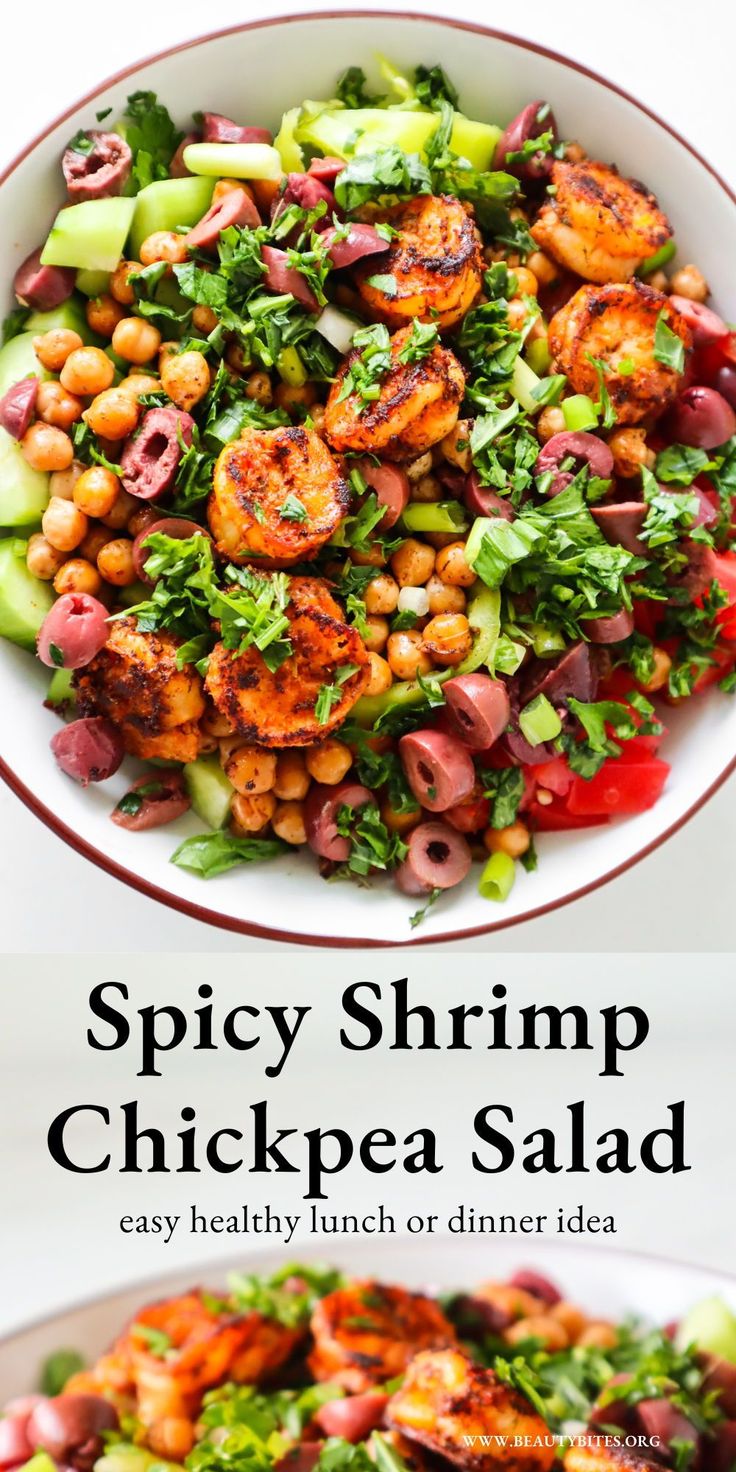 this spicy shrimp chickpea salad is loaded with fresh vegetables