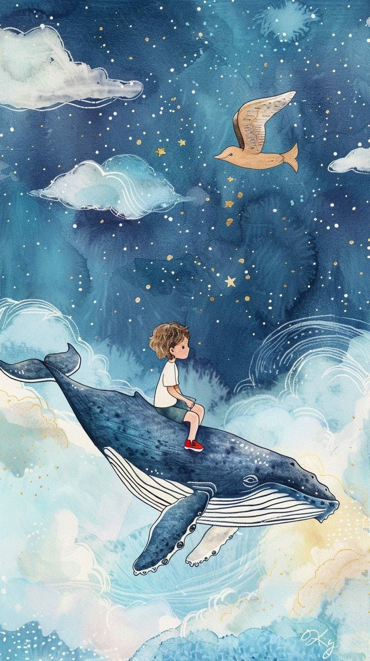 a child sitting on top of a whale in the sky with two birds flying above