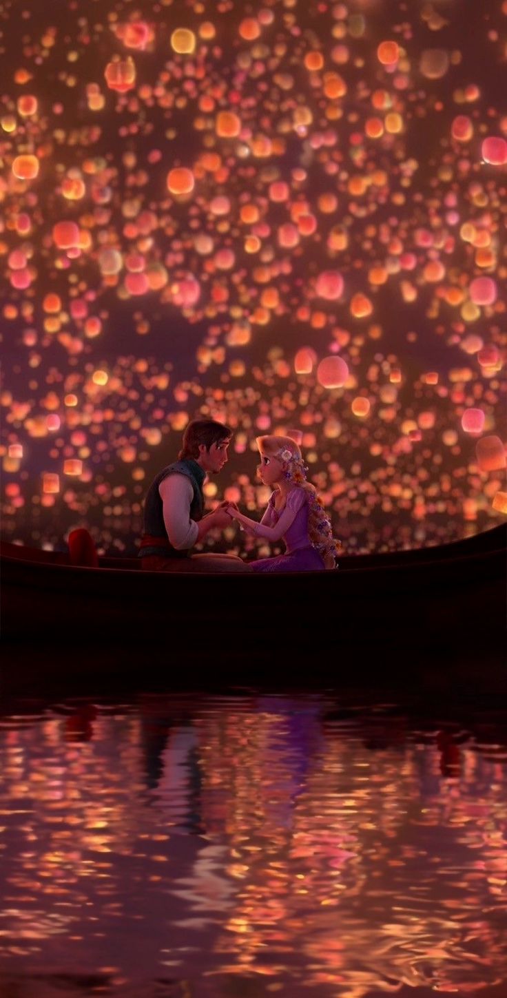 two people in a boat with floating lanterns on the water and one person looking at something