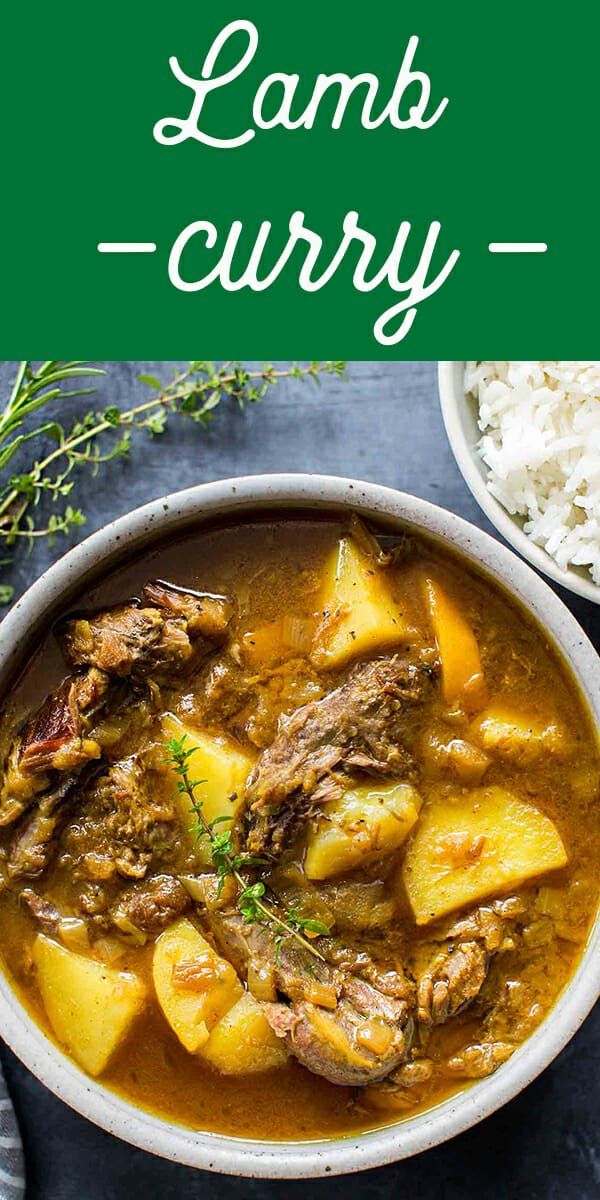 a bowl filled with lamb curry next to white rice and green text that reads lamb curry