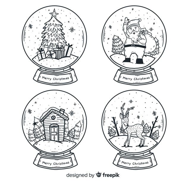 four snow globes with christmas scenes in them