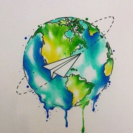 an airplane flying over the earth painted in watercolor on white paper with blue and green ink