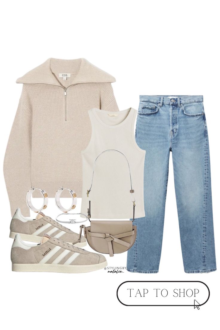 Cos stores, zip up jumper, adidas gazelle trainers, jeans, autumn outfit, fall outfit, scandi style Beige Gazelle Adidas Outfit, Grey Gazelle Outfit, Gazelle Outfit Woman, Jeans Autumn Outfit, Arizona Packing List, Trainer Outfits, Gazelle Outfit, Adidas Gazelle Outfit, Adidas Gazelle Women