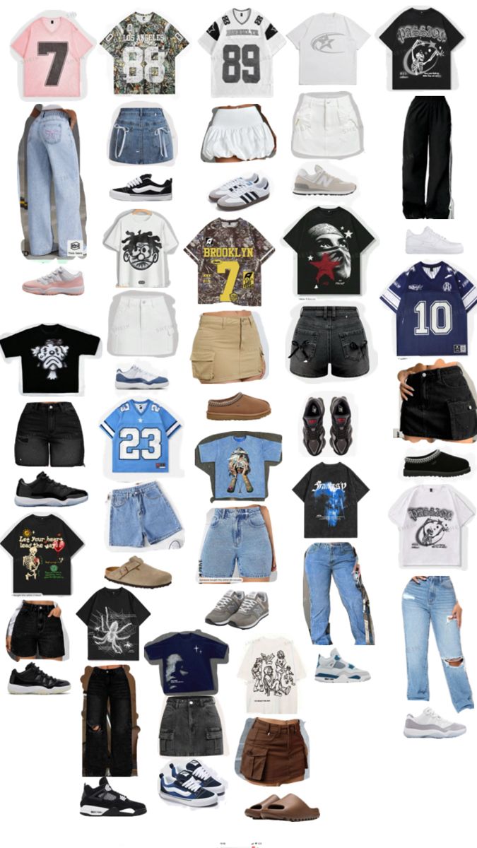 a collage of different types of clothing and shoes on display in front of a white background