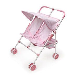 a baby stroller with pink wheels and canopy on the top, in front of a white background