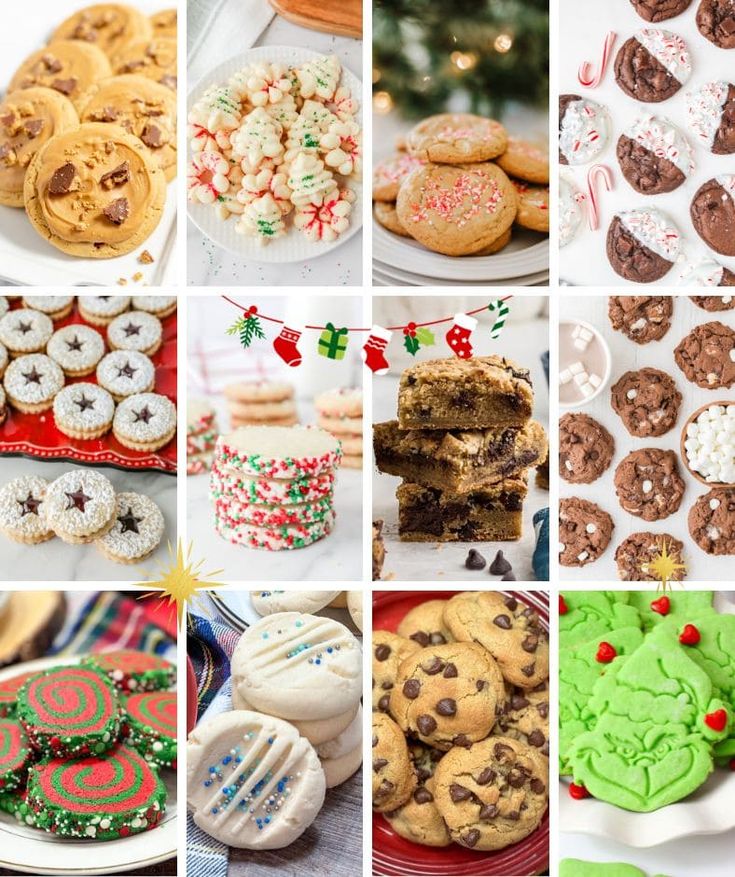 a collage of christmas cookies and desserts