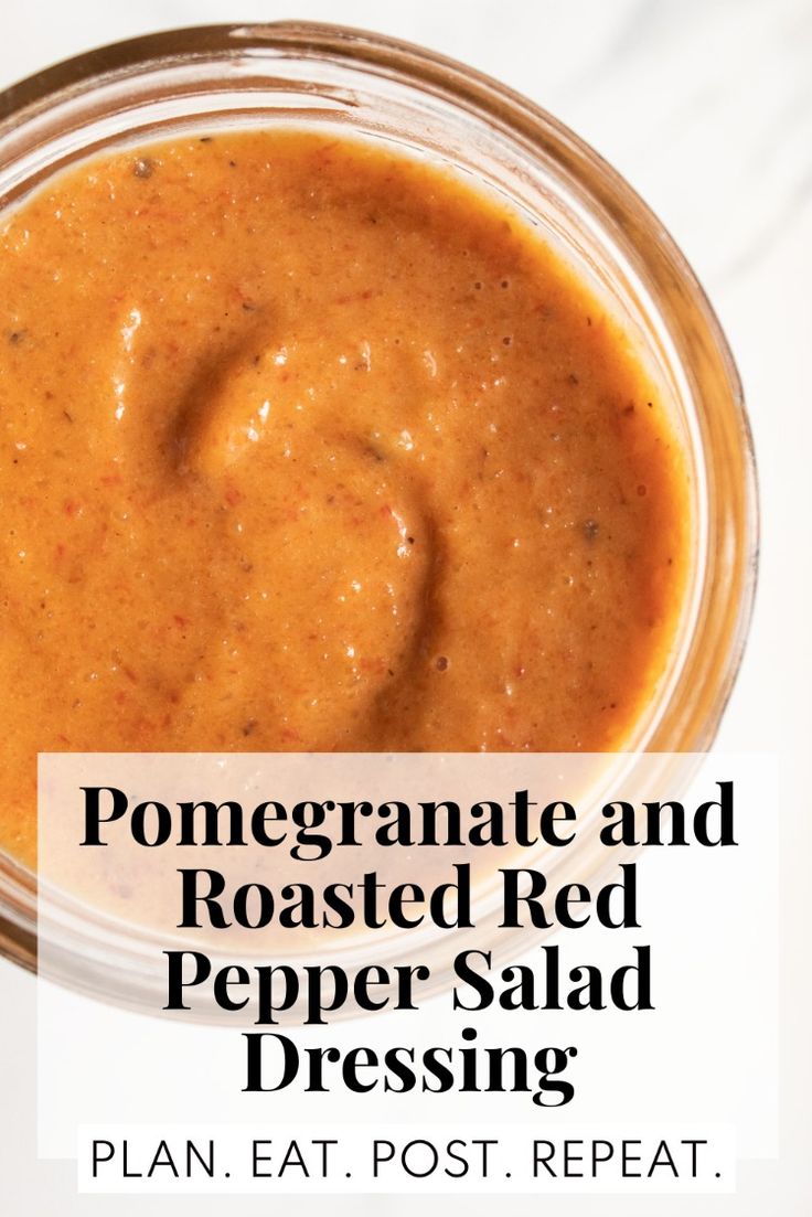 A reddish-orange dressing with specks of black pepper and roasted red pepper is swirled in a glass jar. Red Pepper Salad Dressing, Roasted Red Pepper Salad, Red Pepper Salad, Pepper Salad, Mini Blender, Pomegranate Molasses, Roasted Red Pepper, Red Pomegranate, Roasted Red Peppers