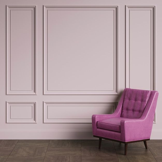 a purple chair sitting in front of a white wall with paneled panels on it