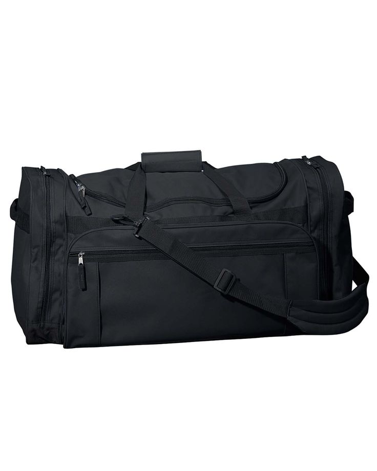 600 Denier Polyester; Trim and lining on bottom is 600D, sides and top not lined but PU coated; 2 large side pockets with zipped down feature for easy packing and access; Adjustable, detachable padded shoulder strap; Large gusset front pocket with inside pockets; U-shaped opening in main compartment; Black contrasting polyester webbing; Multi-pocket duffle; Quick close handle; Non-branded label/tag; 27 W x 13 H x 14 D Black Bags With Functional Pockets For Overnight Trips, Durable Functional Black Duffle Bag, Black Nylon Duffle Bag For School, Black Rectangular Nylon Travel Bag, Durable Black Nylon Travel Bag, Black Duffle Bag For School, Durable Black Nylon Gym Bag, Black Nylon Travel Bag With Functional Pockets, Durable Black Practical Duffle Bag