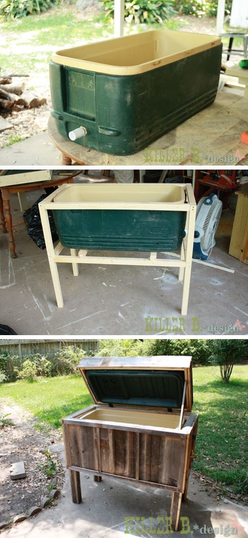 the before and after pictures of an old cooler box turned into a table with wheels