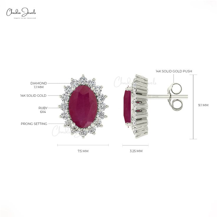 Description Illuminate your elegance with these stunning Natural 0.82CT Oval Ruby and G-H Diamond Accent Halo Earrings. Set in genuine 14k gold, the vibrant ruby center is beautifully framed by sparkling diamonds. A perfect gift for her, these earrings embody timeless sophistication. Product Details SKU CJ-E-1157A-R Metal 14K solid gold Closing mechanism Push back Product dimension 9.55mm x 7.43mm x 3.79mm Birthstone July Certification - Ruby Details Stone size 6x4mm Quality AA Stone pieces 2 St Formal Oval Diamond Earrings With Gemstones, Formal Oval Earrings With Halo Setting, Oval Halo Setting Earrings For Formal Occasions, Elegant Gia Certified Oval Diamond Earrings, Elegant Oval Halo Earrings, Formal Oval Halo Setting Earrings, Oval Diamond Cluster Earrings For Formal Events, Gia Certified Oval Diamond Earrings For Anniversary, Oval Halo Earrings For Formal Occasions