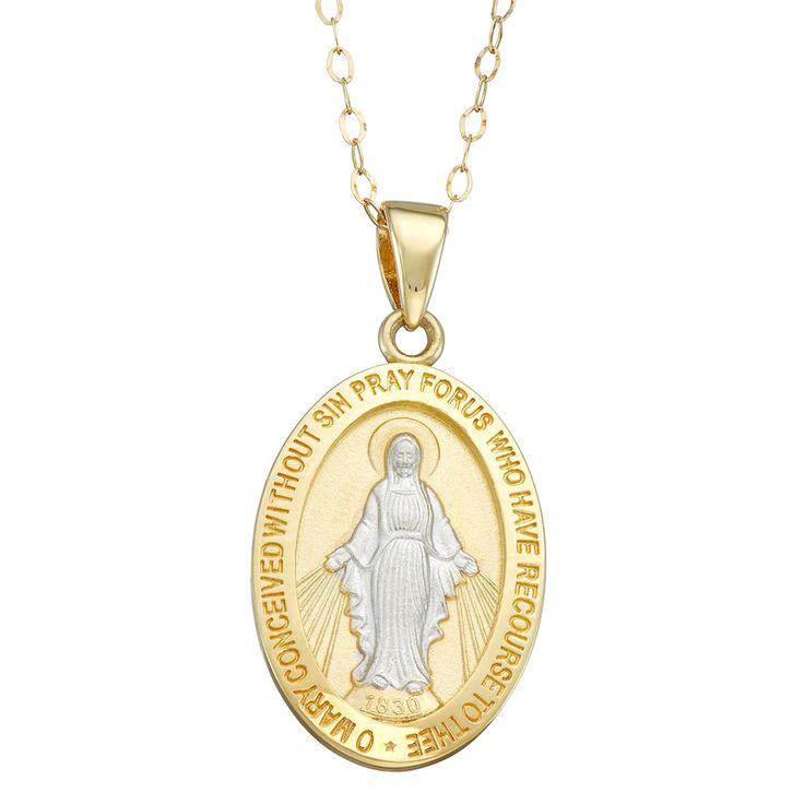 "Inspired by the Miraculous Medal, this necklace features a lovely Virgin Mary pendant. Inspired by the Miraculous Medal, this necklace features a lovely Virgin Mary pendant. NECKLACE DETAILS Pendant size: 1 in. x 0.5 in. Chain length: 18 in. Chain type: cable Clasp: spring-ring Metal: 14k gold Finish: polished Inscription: ""O Mary Conceived With Out Sin Pray For Us Who Have Recourse to Thee"" Packaging: boxed  Size: 18"". Color: Yellow. Gender: female. Age Group: adult." Fine Jewelry Necklace With Oval Pendant And Polished Finish, Elegant Miraculous Medal Necklace, White Oval Pendant Necklace With Polished Finish, Oval Large Pendant Fine Jewelry, Oval White Gold Necklace, Sterling Silver Necklace With Miraculous Medal, Oval Large Pendant Jewelry For Anniversary, White Oval Link Necklace For Anniversary, Gold Oval Necklaces In Fine Jewelry Style