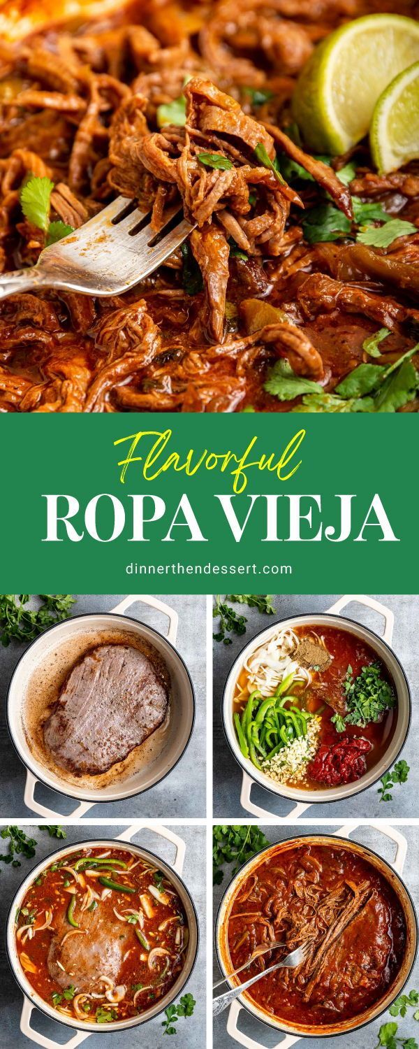 the recipe for ropa vieja is shown in four different pictures, including meat and vegetables