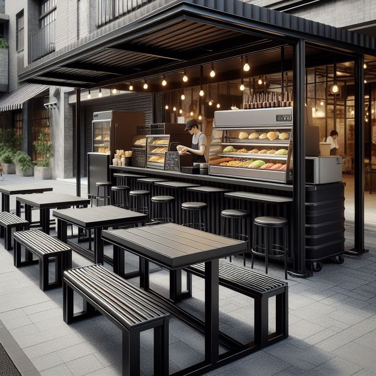 an outdoor restaurant with tables and benches in front of the counter, along with people walking by