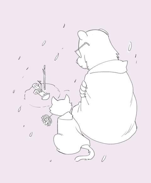 a black and white drawing of a bear playing with a cat under an umbrella in the rain