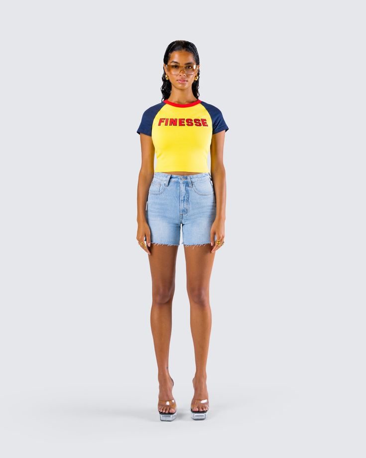 Nothing beats a casual slay 🙌 Featuring a yellow graphic jersey top and a pair of blue denim cutoff shorts, this effortless two-piece set is the perfect everyday it-girl look 💛 Casual Jean Shorts With Letter Print For Summer, Sporty Denim Jean Shorts For Summer, Sporty Cotton Jean Shorts For Summer, Trendy Short Tops For Streetwear, Trendy Cotton Graphic Print Shorts, Trendy Short Cotton Crop Top, Trendy Cotton Shorts With Graphic Print, Trendy Short Crop Top, Short Cotton Top With Letter Print