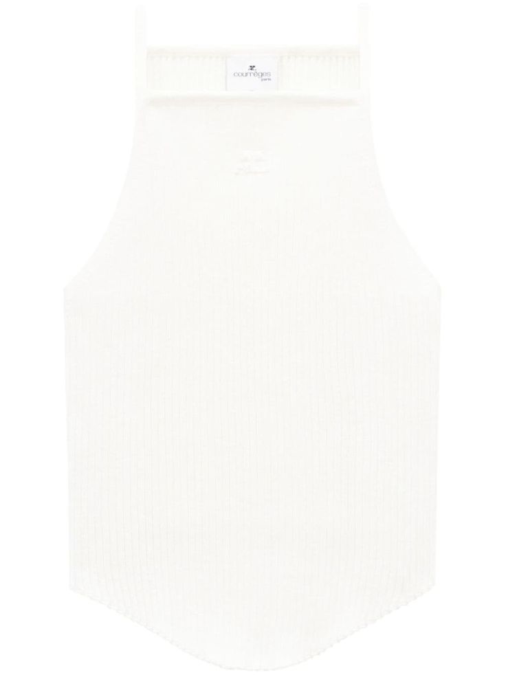 white ribbed knit embroidered logo to the front square neck sleeveless curved hem White Sleeveless Fitted Knit Top, Chic White Tank Top With Ribbed Neckline, White Fitted Sleeveless Knit Top, White Tank Top With Ribbed Neckline, White Ribbed Crew Neck Tank Top, White Fitted Top With Tank Straps, Fitted White Top With Tank Straps, White Sleeveless Tank Top With Ribbed Neckline, Casual White Tank Top With Ribbed Neckline