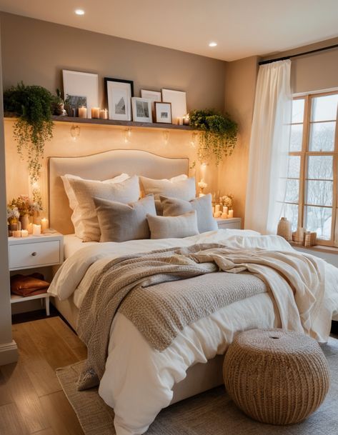 a bedroom with a large bed and candles on the windows sill, along with pictures above it