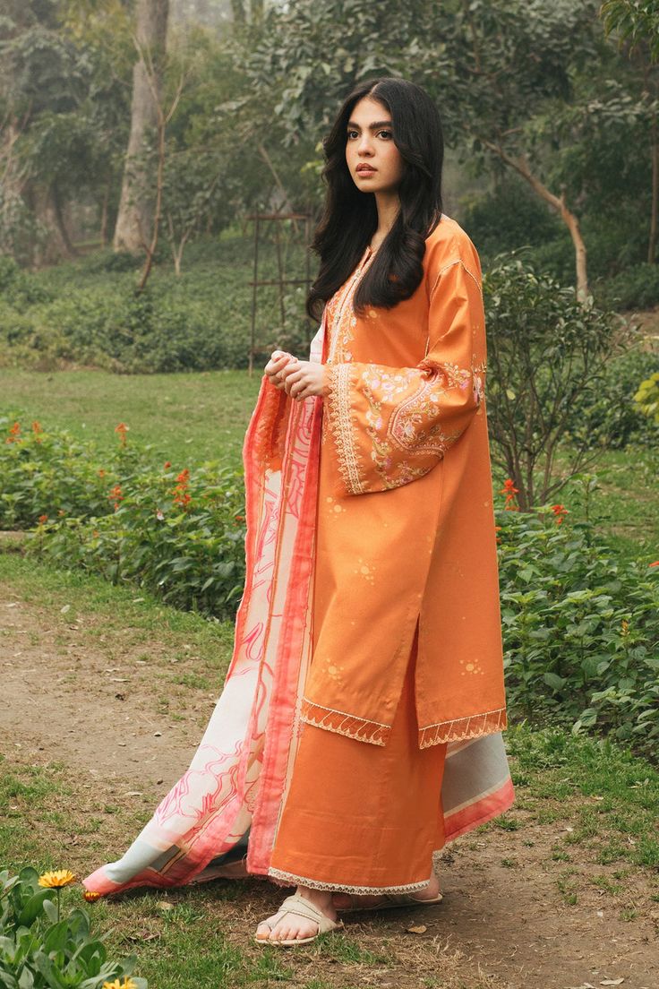 Z22-2a Zara Shahjahan Online Coco Lawn 2022 Designer Wear Long Sleeve Kurta With Dupatta, Anarkali Style Long Sleeve Palazzo Set With Dabka, Anarkali Traditional Wear With Dabka And Long Sleeves, Eid Anarkali Long Sleeve Palazzo Set, Orange Straight Kurta Anarkali Set For Eid, Eid Orange Anarkali Set With Straight Kurta, Festive Long Sleeve Cambric Anarkali Set, Dabka Kurta In Shantoon For Festivals, Traditional Orange Salwar Kameez For Eid