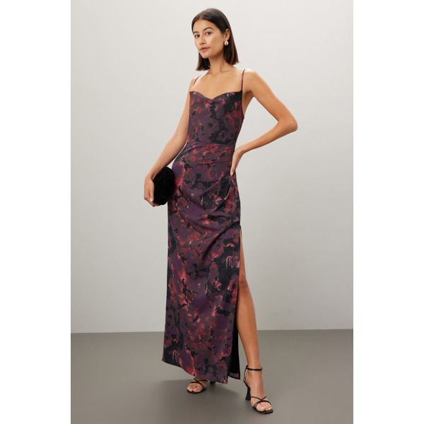 Red abstract crepe de chine (100% Polyester). Column. Sleeveless. Scoop neck. Back zipper closure. 58" from shoulder to hemline. Imported. Red Abstract, Floral Gown, Rent The Runway, Closet Designs, Floral Dress, Scoop Neck, Slip Dress, Zipper, Purple