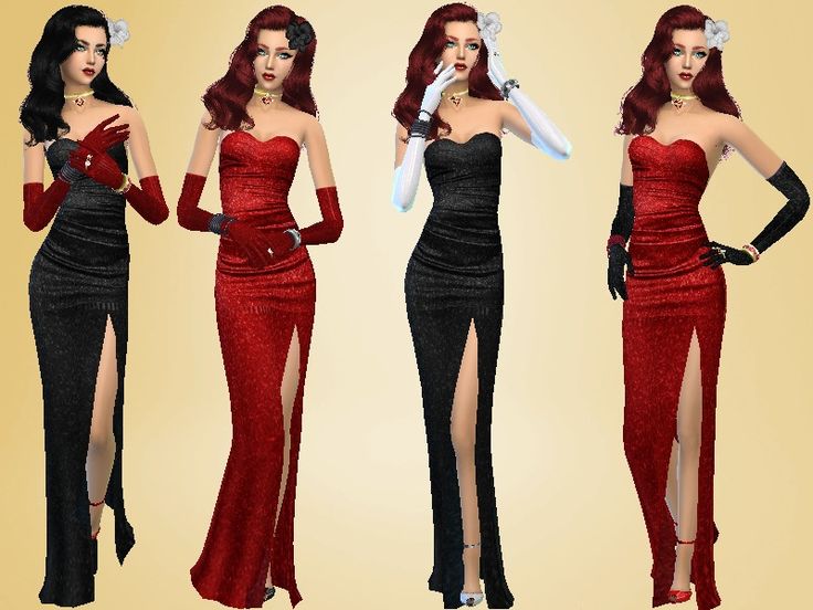 three different poses of a woman in red, black and silver dresses with high slits